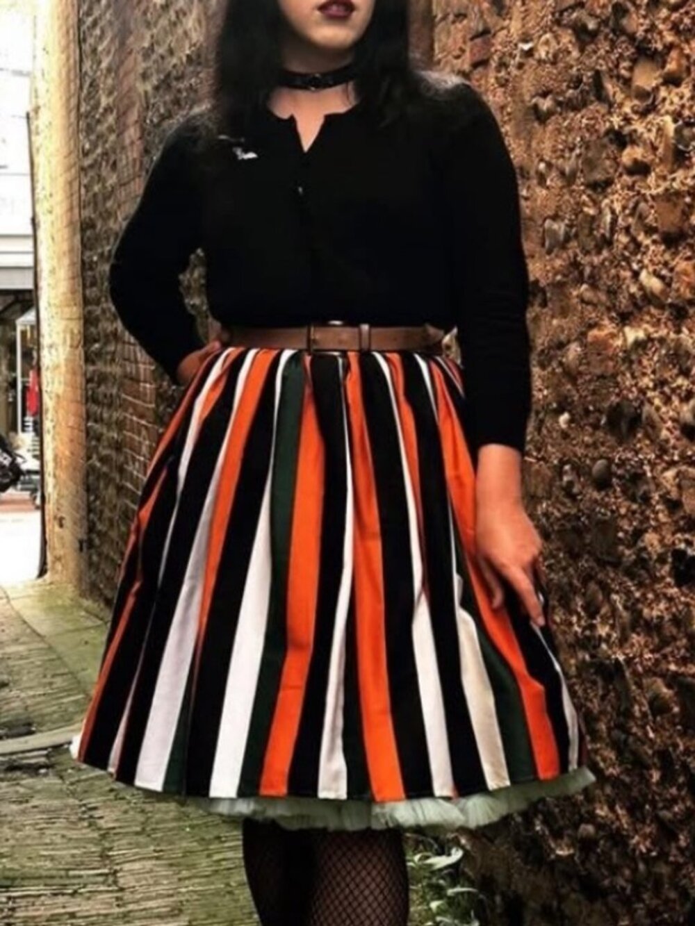 Collectif Jasmine Pumpkin Stripe Skirt XL Orange Green Black Full Circle Retro